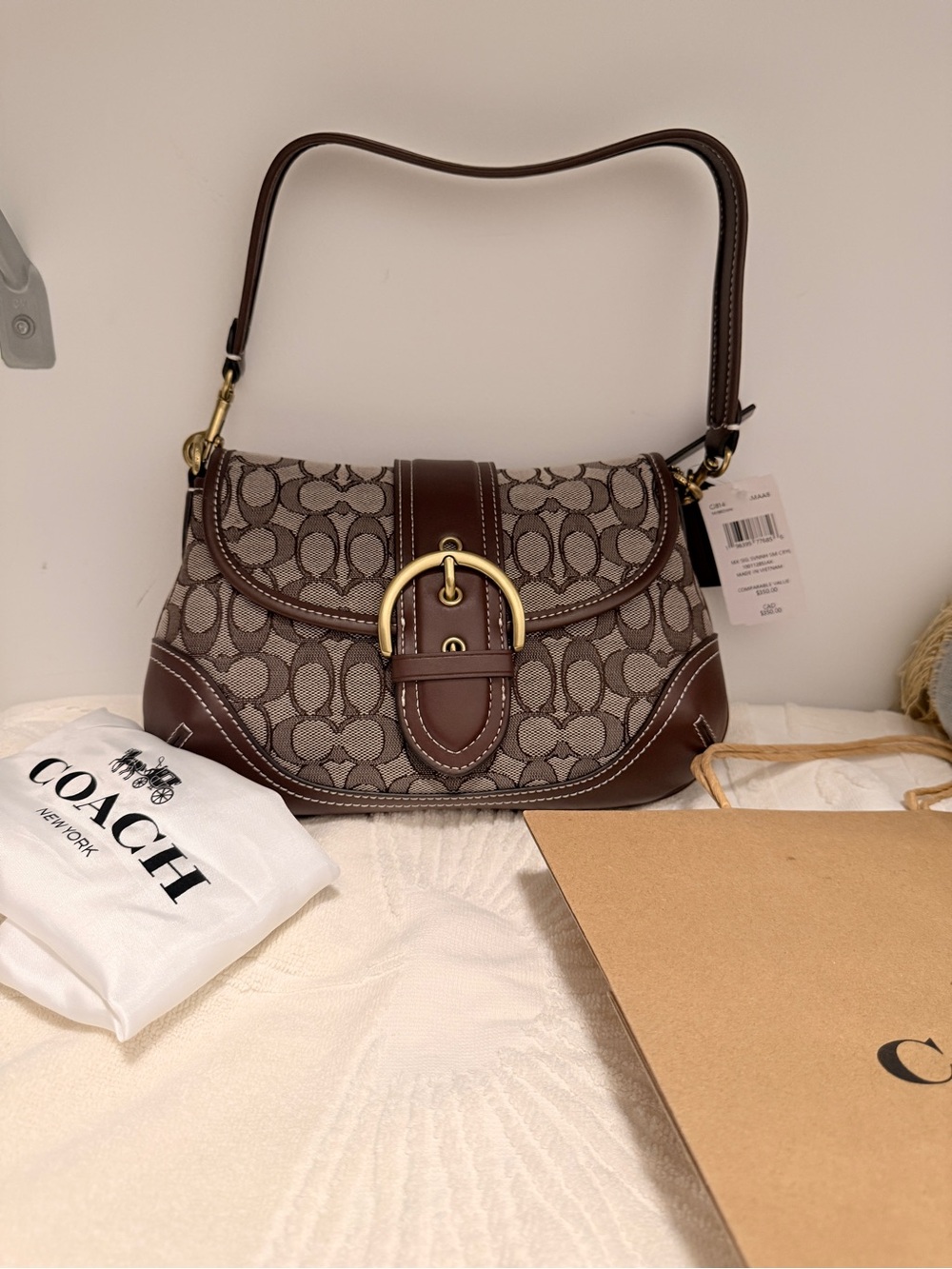 Coach Brown Signature Canvas and Leather Shoulder Bag with Gold Buckle